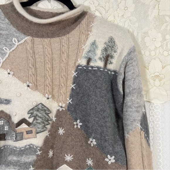 Vintage Lamsbwool Angora Wool Patchwork Sweater Gray and Brown Cottagecore Small - Picture 3 of 8